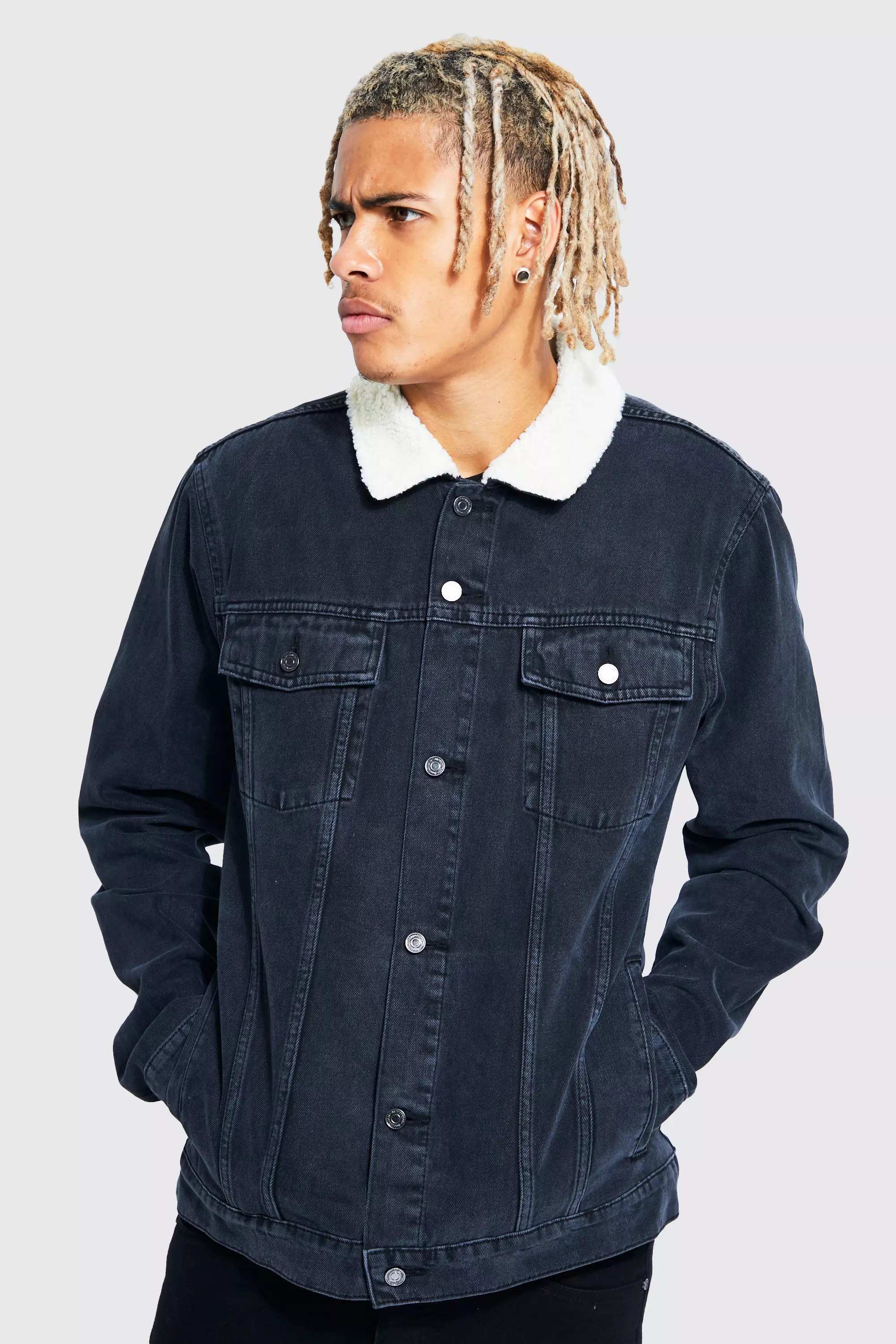 Black denim jacket outlet borg collar